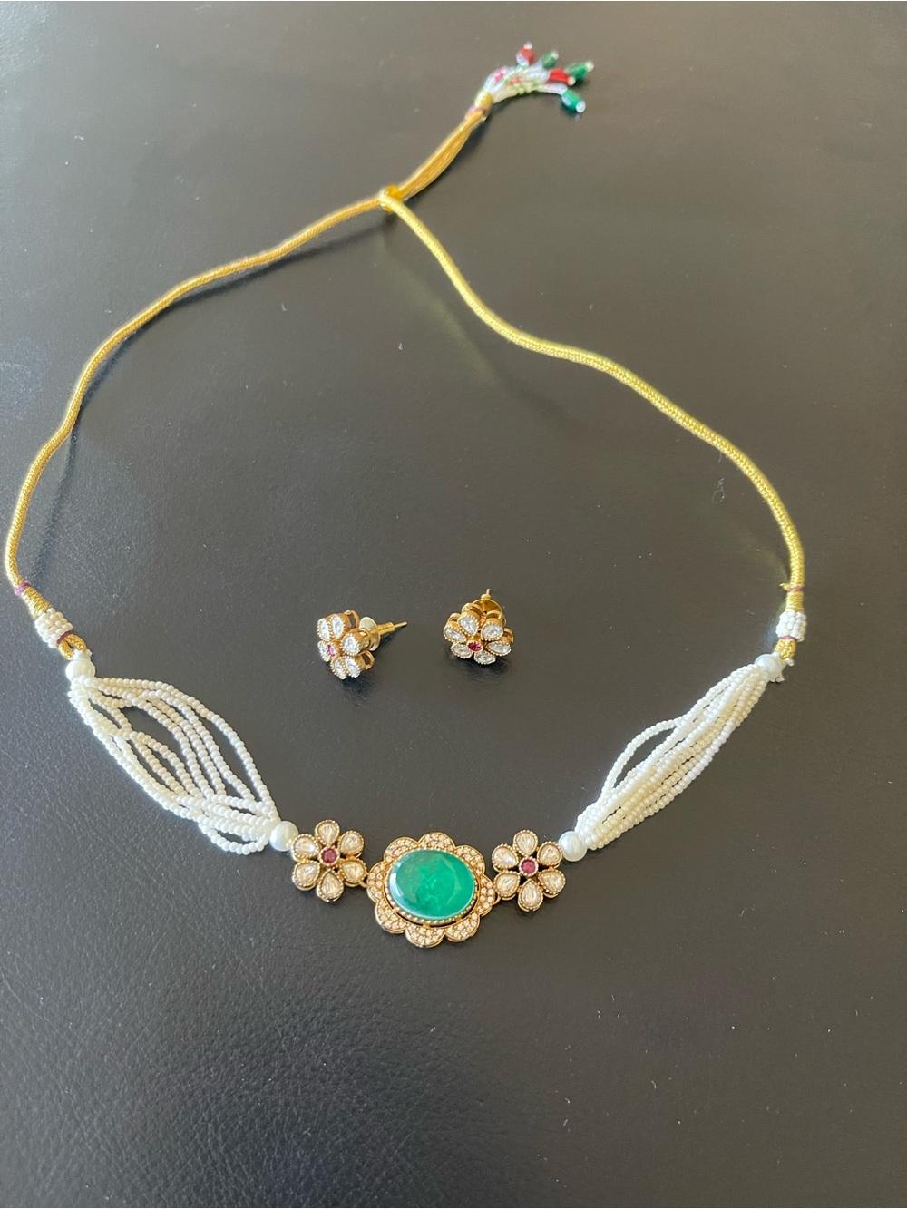 Gold-Tone White Beaded Necklace Set with Green Center Stone